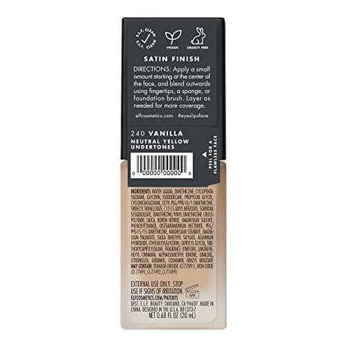 e.l.f. Flawless Finish Fondot, notekis boʻlmagan teri ohangini yaxshilaydi, yengil, oʻrta qamrovli va yarim mat, vegan va zoʻravonliksiz, vanilla, 0,68 Fl Oz - 6