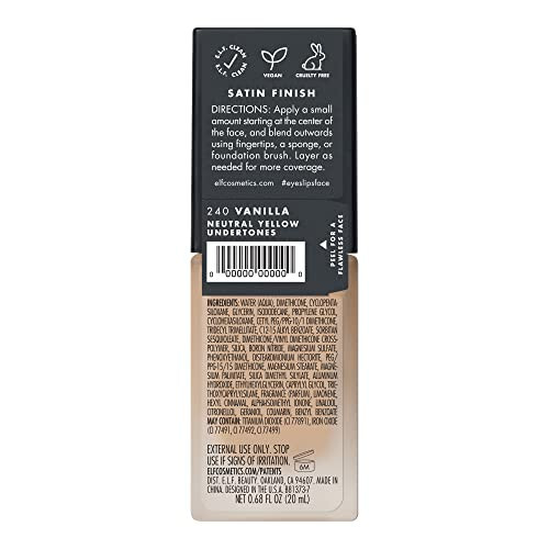 e.l.f. Flawless Finish Fondöten, Eşitsiz Cilt Tonunu İyileştirir, Hafif, Orta Kapsamlılık ve Yarı Mat, Vegan ve Zulüm İçermez, Vanilya, 0,68 Fl Oz - 6