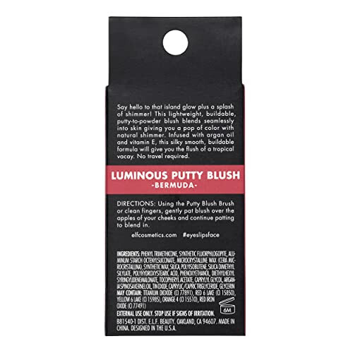 E.L.F. Luminous Putty Blush, pudramsı yapıya sahip, ince bir ışıltı ile yapılabilen allık. Yüksek pigmentli ve kremsi, vegan ve hayvanlar üzerinde test edilmemiş. Bermuda rengi. - 4