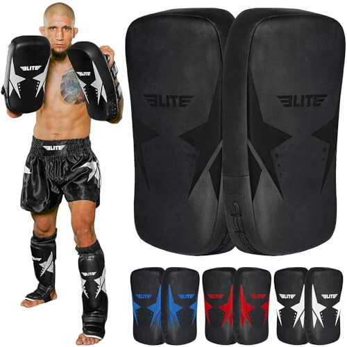 Elite Sports Muay Thai Kickboxing Curved Training Kick Pads (2 PCS) Coaching Kick Boxing, MMA, Taekwondo, Karate Punching, Knee, Foot and Elbow Target Kicking Strike Shield Pad Pair for Martial Arts - 1