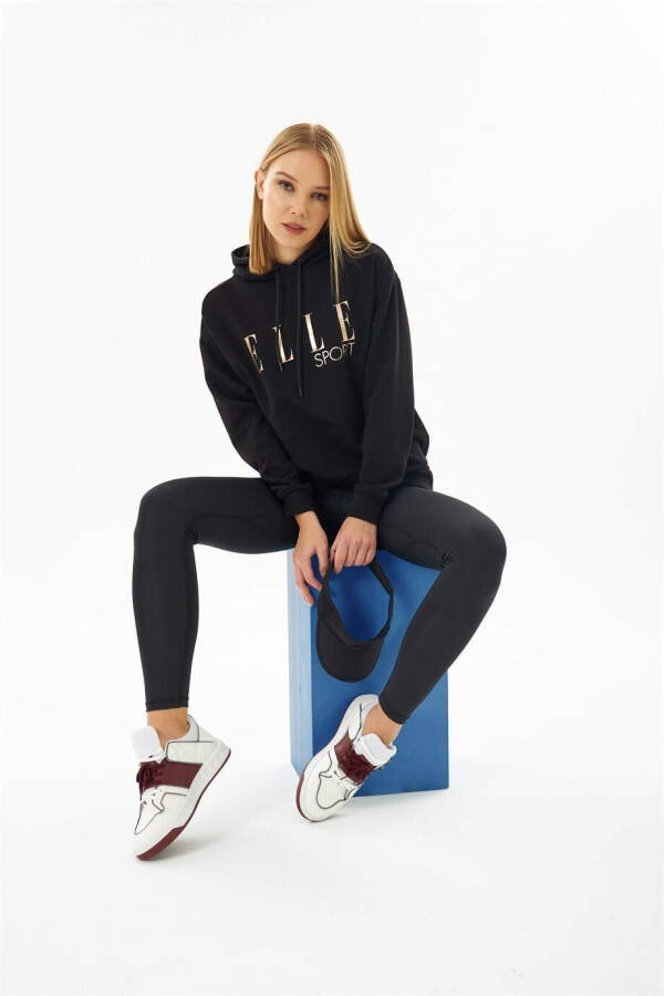 ELLE Sport Siyah Yaldızlı Cepli Kadın Kapüşonlu Sweatshirt - 1