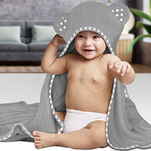 ELSVIN Set of 2 Hooded Baby Towels – White and Grey – Luxurious, Large and Super Absorbent – 30 x 30 Inch – Soft and Suitable for Infants, Toddlers and Kids – 400 GSM - 7