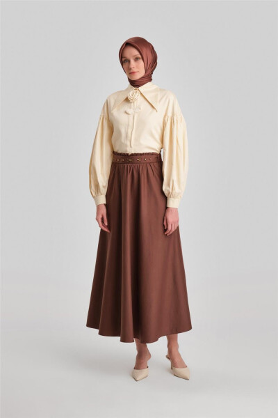 Embroidered Cotton Skirt with Armine Belt 24Y1639 Brown - 2