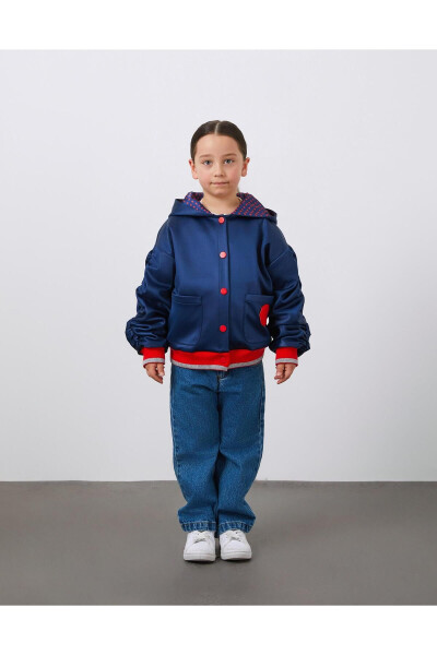 Embroidered Detachable Sleeve Puffy Navy Blue Girls Hooded Jacket - 4