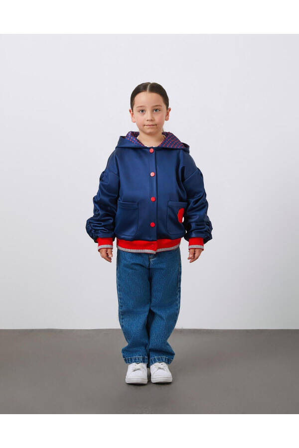 Embroidered Detachable Sleeve Puffy Navy Blue Girls Hooded Jacket - 4