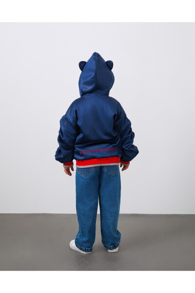 Embroidered Detachable Sleeve Puffy Navy Blue Girls Hooded Jacket - 6