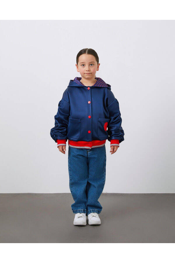 Embroidered Detachable Sleeve Puffy Navy Blue Girls Hooded Jacket - 1