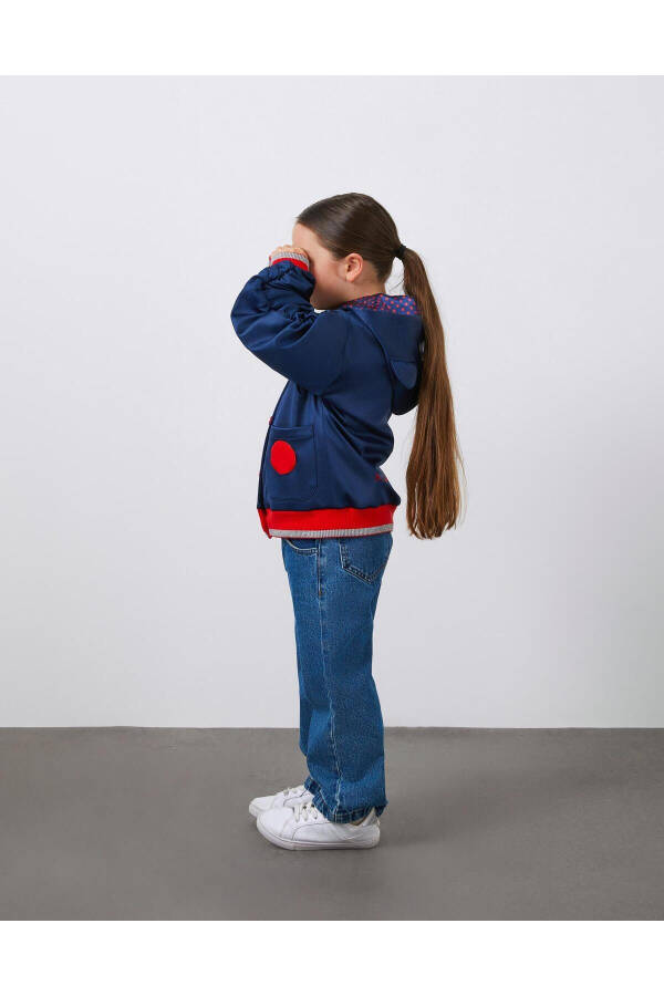 Embroidered Detachable Sleeve Puffy Navy Blue Girls Hooded Jacket - 2