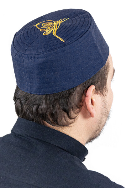 Embroidered Ottoman Pattern Fabric Skullcap Navy Blue - 1