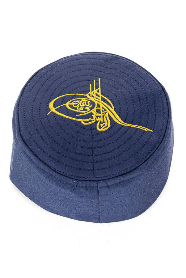 Embroidered Ottoman Pattern Fabric Skullcap Navy Blue - 5