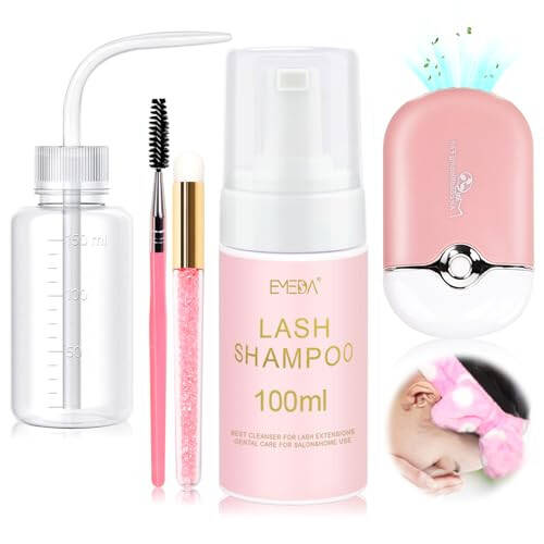 EMEDA Lash Shampoo for Extensions Cleaning Bath Kit for Cluster Lashes, Fan Brush Wash Bottle Hair Band, Oil Free Foam Soap Cleaner, Eyelash Cleanser - 1