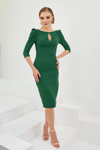 Emerald Crepe Pearl Embroidered Midi Dress - 1