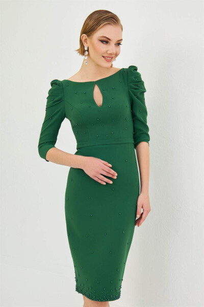 Emerald Crepe Pearl Embroidered Midi Dress - 7