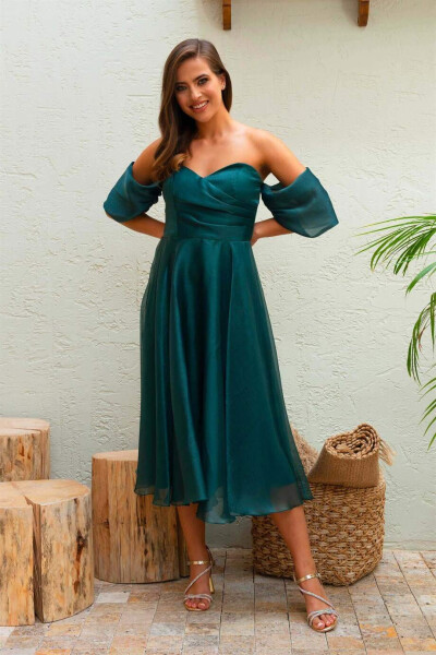 Emerald Low-Sleeved Organza Engagement Dress - 1