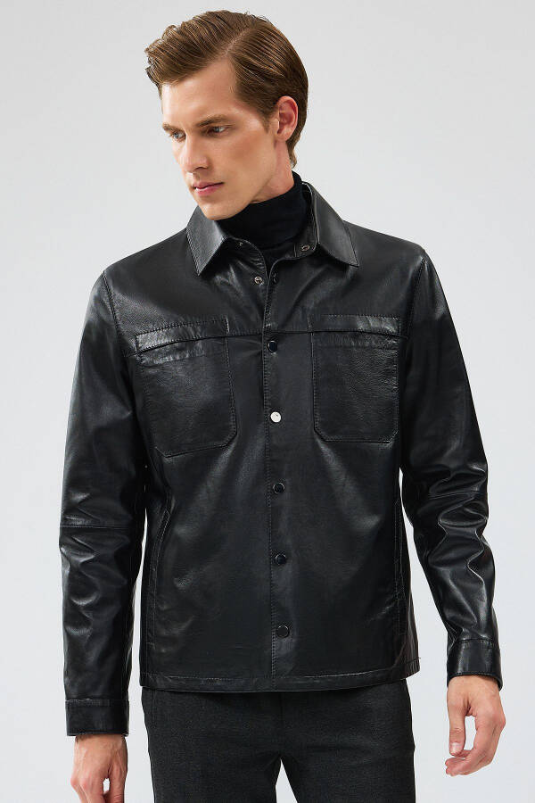 Enzo Men's Black Shirt Collar Leather Jacket 24SGE65241M - 3