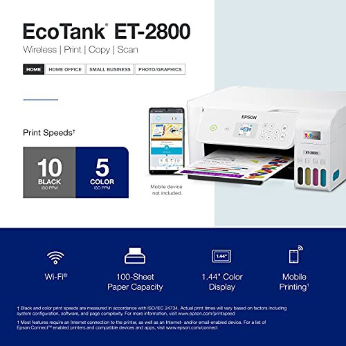 Epson EcoTank ET-2800 Simsiz Rangli Ko'p Funktsiyali Kartrijsiz Supertank Printer, Skaner va Nusxa Ko'chirish bilan - Ideal Asos Uy Printeri - Oq, O'rta - 4