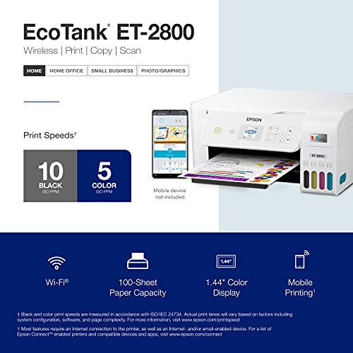 Epson EcoTank ET-2800 Simsiz Rangli Ko'p Funktsiyali Kartrijsiz Supertank Printer, Skaner va Nusxa Ko'chirish bilan - Ideal Asos Uy Printeri - Oq, O'rta - 4