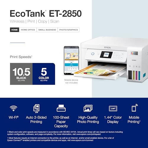 Epson EcoTank ET-2850 Wireless Color All-in-One Cartridge-Free Supertank Printer with Scan, Copy and Auto 2-Sided Printing - White, Medium - 4