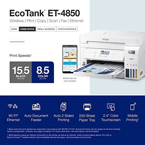 Epson EcoTank ET-4850 Wireless All-in-One Cartridge-Free Supertank Printer with Scanner, Copier, Fax, ADF and Ethernet (White) (Renewed) - 4