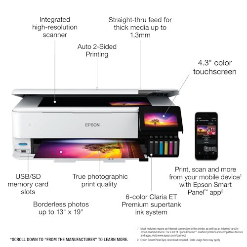 Epson EcoTank Photo ET-8550 Беспроводной широкоформатный многофункциональный супертанковый принтер со сканером, копиром, Ethernet и 4,3-дюймовым цветным сенсорным экраном, большой, белый - 8