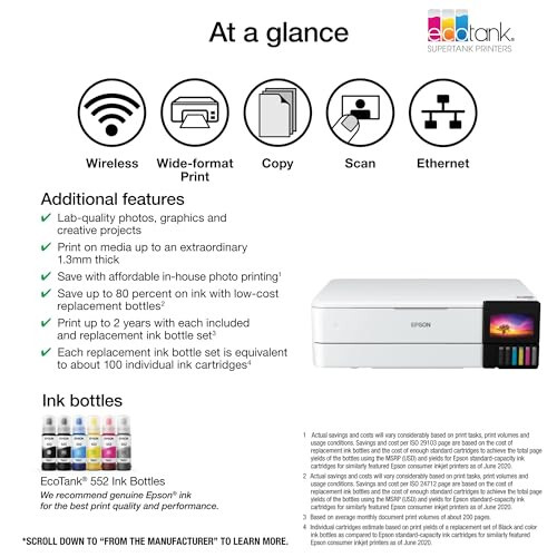 Epson EcoTank Photo ET-8550 Wireless Wide-Format All-in-One Supertank Printer with Scanner, Copier, Ethernet and 4.3-inch Color Touchscreen, Large, White - 6