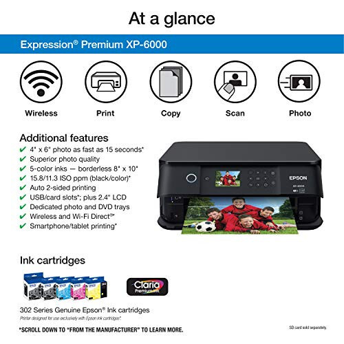 Epson Expression Premium XP-6000 Wireless Color Photo Printer with Scanner & Copier, Modazone Dash Replenishment Ready - 6