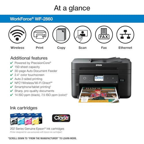 Epson Workforce WF-2860 All-in-One Wireless Color Printer with Scanner, Copier, Fax, Ethernet, Wi-Fi Direct and NFC, Modazone Dash Replenishment Ready - 2