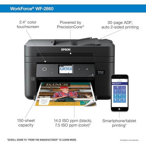 Epson Workforce WF-2860 All-in-One Wireless Color Printer with Scanner, Copier, Fax, Ethernet, Wi-Fi Direct and NFC, Modazone Dash Replenishment Ready - 3