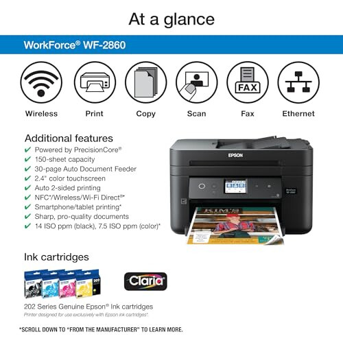 Epson Workforce WF-2860 Ko'p funksiyali Simsiz Rangli Printer Skaner, Nusxa ko'chirish, Faks, Ethernet, Wi-Fi Direct va NFC bilan, Modazone Dash To'ldirishga Tayyor - 2