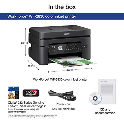 Epson Workforce WF-2930 Wireless All-in-One Printer with Scan, Copy, Fax, Auto Document Feeder, Automatic 2-Sided Printing and 1.4