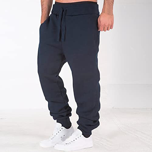 Erkaklar uchun Generic Joggers bo'sh bel, bir rangli cho'ntakli, erkin sport shimlari, zig'ir va neylon - 3