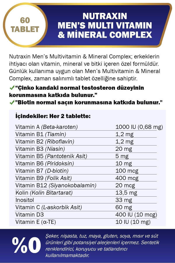 Erkaklar uchun Multi Vitamin va Minerallar Kompleksi Qo'shimcha Oziq-ovqat Mahsuloti 60 Tablet - 6