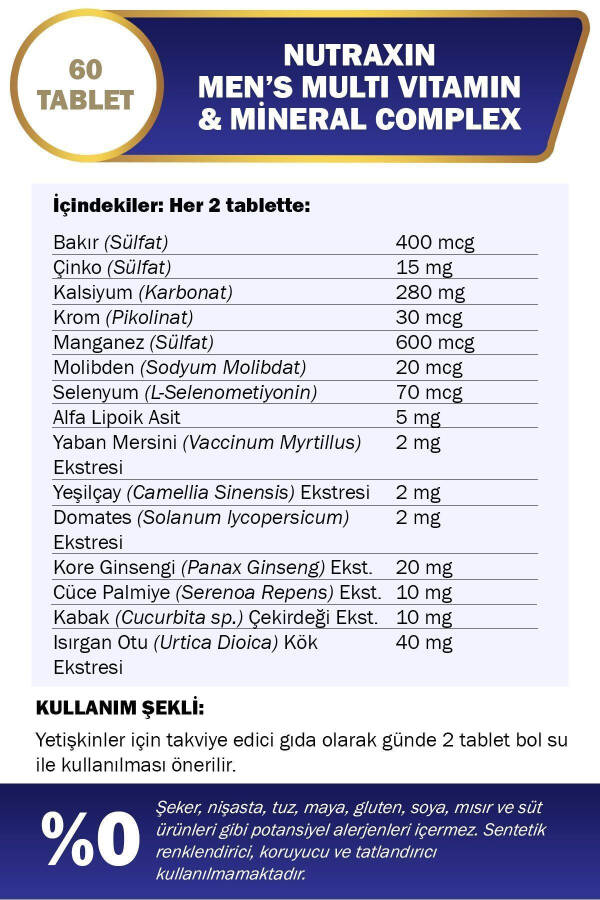 Erkaklar uchun Multi Vitamin va Minerallar Kompleksi Qo'shimcha Oziq-ovqat Mahsuloti 60 Tablet - 7