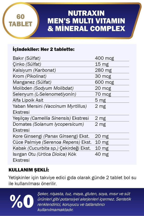 Erkaklar uchun Multi Vitamin va Minerallar Kompleksi Qo'shimcha Oziq-ovqat Mahsuloti 60 Tablet - 3