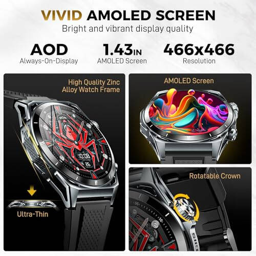 Erkaklar uchun qo'ng'iroq bilan KE6 Smart Watch 1.43'' AMOLED Fitness soati 178+ Sport rejimlari qon kislorodini, yurak urish tezligini 24 soatlik uyqu monitoringi ob-havo pedometr IP68 suv o'tkazmaydigan aqlli soat iPhone Samsung telefonlari uchun - 2