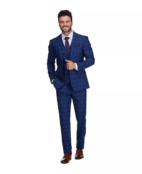 Erkek 3 Parça Performans Streç Slim Fit Kareli Takım Elbisesi Mavi - 4