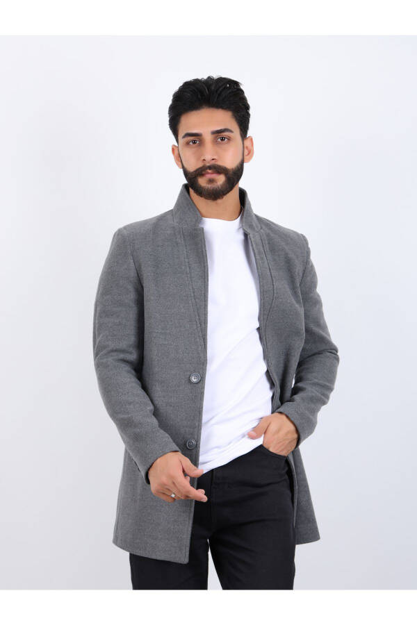 Erkek Açık Antrasit Slim Fit Dik Yaka Kaşe Kaban - 1