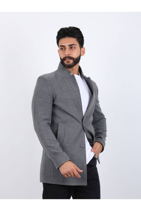 Erkek Açık Antrasit Slim Fit Dik Yaka Kaşe Kaban - 2