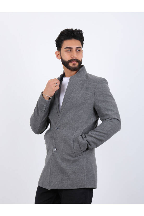 Erkek Açık Antrasit Slim Fit Dik Yaka Kaşe Kaban - 3