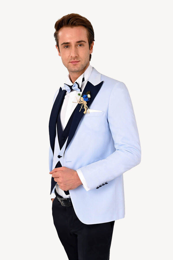 Erkek Açık Mavi Yelekli Kırlangıç Yaka Slim Fit Damatlık - 8