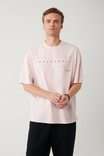 Erkek Açık Pembe Bisiklet Yaka Baskılı Oversize T-shirt A41y1157 - 6