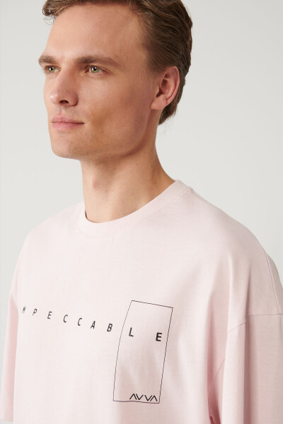 Erkek Açık Pembe Bisiklet Yaka Baskılı Oversize T-shirt A41y1157 - 7