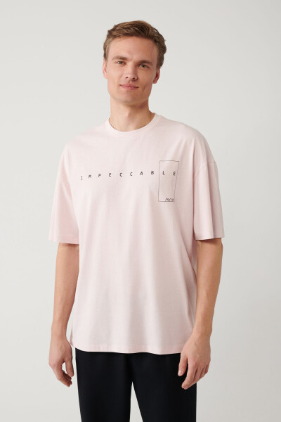 Erkek Açık Pembe Bisiklet Yaka Baskılı Oversize T-shirt A41y1157 - 8