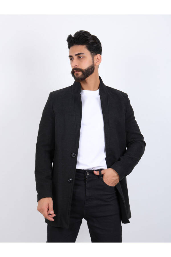 Erkek Antrasit Slim Fit Dik Yaka Kaşe Kaban - 1