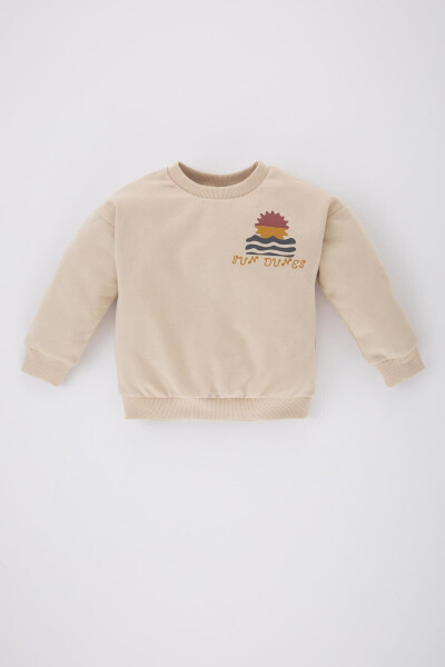 Erkek bebek baskılı bisiklet yaka içi yumuşak tüylü sweatshirt - 1