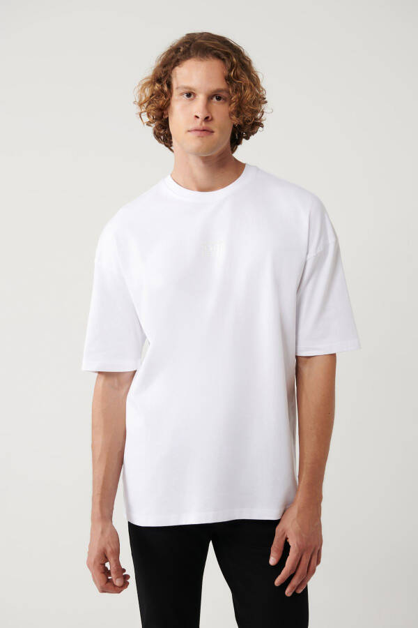 Erkek Beyaz T-shirt Bisiklet Yaka Baskılı Oversize A41y1325 - 8