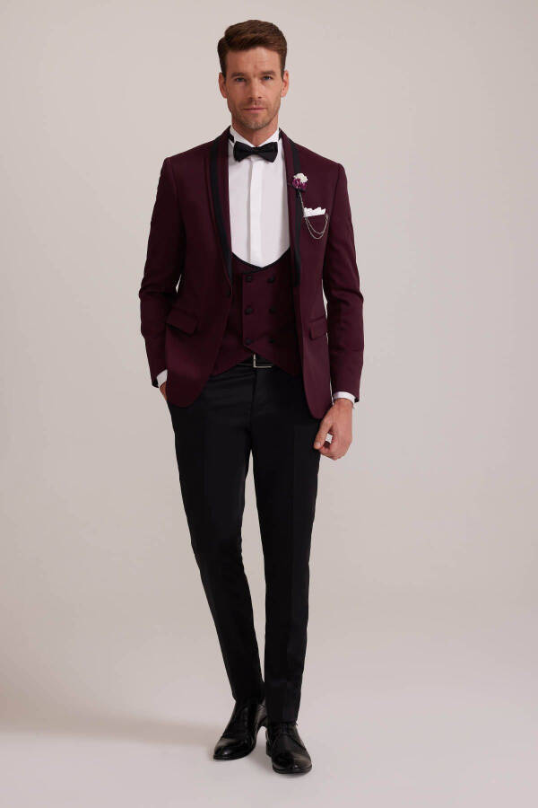 Erkek Bordo Çıkma Şal Yaka Slim Fit Damatlık - 6