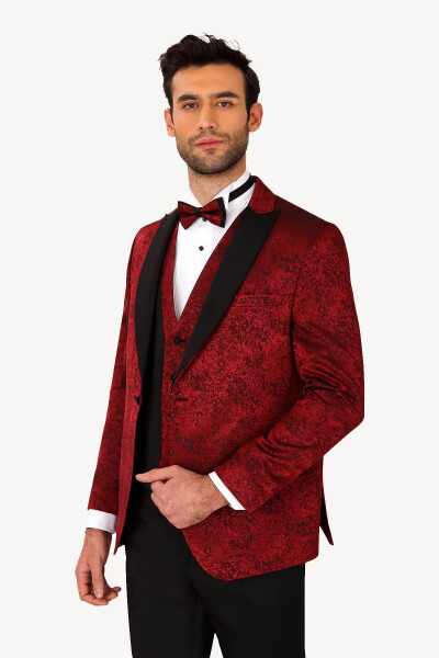 Erkek Bordo Kırlangıç Yaka Yelekli Slim Fit Desenli Damatlık - 6