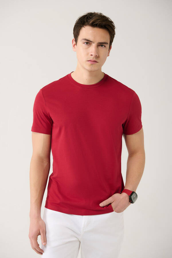 Erkek Bordo T-shirt %100 Pamuk Nefes Alan Bisiklet Yaka Regular Fit E001000 - 7