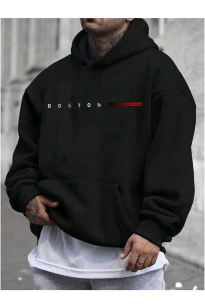 Erkek BOSTON Baskılı Oversize Kapüşonlu Sweatshirt - 1